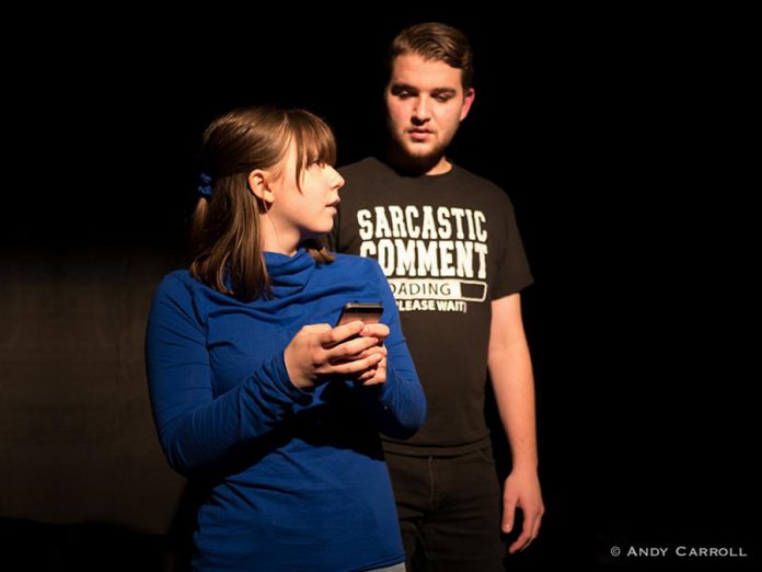 Raquel Grobe and Shamus Merkley as Rachel and Jeremy in the Anne Shirley Theatre Company production of "Laugh Out Loud (Cry Softly)" at The Theatre on King in downtown Peterborough.  (Photo courtesy of Andy Carroll)