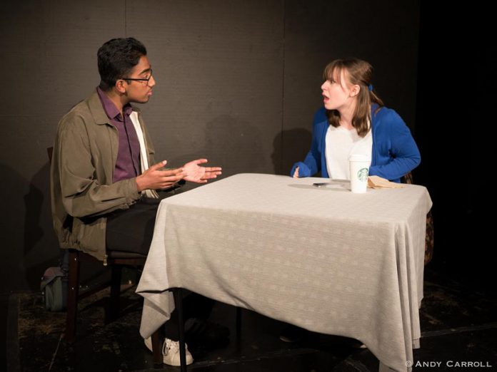 Anand Kumar as Edward and Raquel Grobe as Rachel in the Anne Shirley Theatre Company production of "Laugh Out Loud (Cry Softly)" at The Theatre on King in downtown Peterborough.  (Photo courtesy of Andy Carroll)