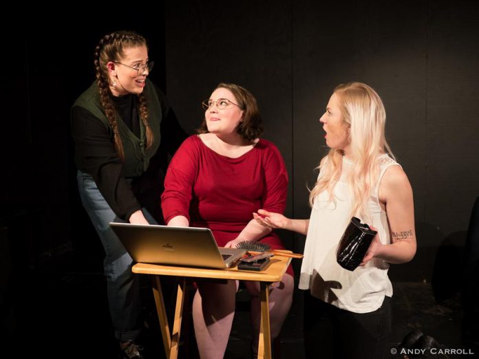 Erin Underhill as Kat, Tara Worrall as Nora, and Jessica Ernest as Carrie in a scene from Stacie Lents' "Laugh Out Loud (Cry Softly)", a play exploring the online dating experiences of twenty-somethings living in New York City. The Anne Shirley Theatre Company production runs for six performances from February 7 to 15, 2020 at The Theatre on King in downtown Peterborough. (Photo courtesy of Andy Carroll)
