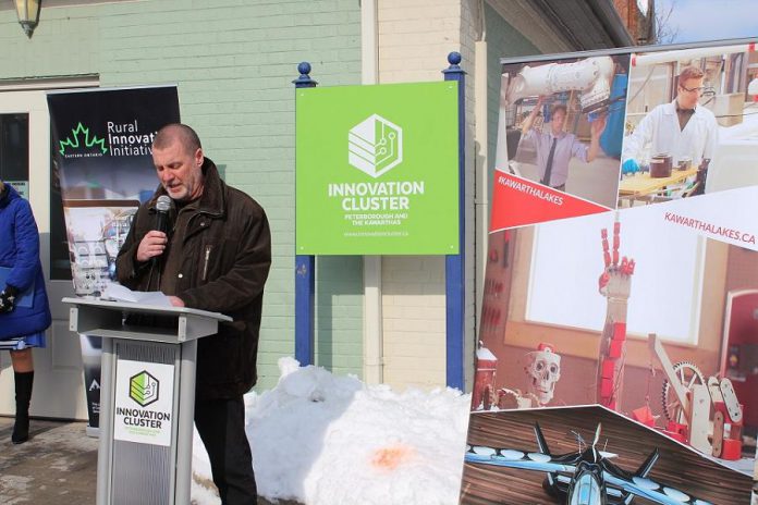 City of Kawartha Lakes mayor Andy Letham speaks at the grand opening of the new business incubator at 180 Kent Street West in downtown Lindsay on February 11, 2020. (Photo courtesy of Innovation Cluster Peterborough and The Kawarthas)