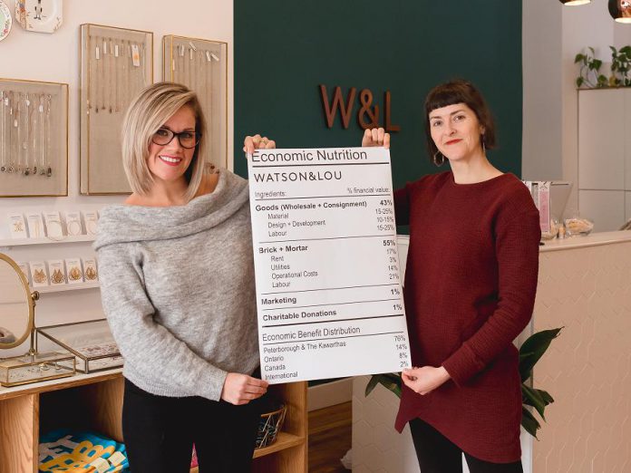Watson & Lou owners Erin Watson and Anna Eidt display their new "economic nutrition label", which is designed to show shoppers where the money they spend goes. The two entrepreneurs, whose core mission is to do retail differently, were inspired by the economic nutrition label developed by Shorefast, a registered Canadian charity on Fogo Island in Newfoundland. (Photo: Heather Doughty)