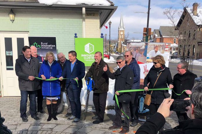 The ribbon-cutting ceremony for the new Kawartha Lakes business incubator, at 180 Kent Street West in downtown Lindsay on February 11, 2020, was attended by dignitaries including Kawartha Lakes mayor Andy Letham, Innovation Cluster president and CEO John Gillis, former Innovation Cluster president and CEO Mike Skinner, Haliburton-Kawartha Lakes-Brock MPP Laurie Scott and MP Jamie Schamle, and Kawartha Lakes Community Futures Development Corporation chair Jil Quast. (Photo courtesy of Innovation Cluster)