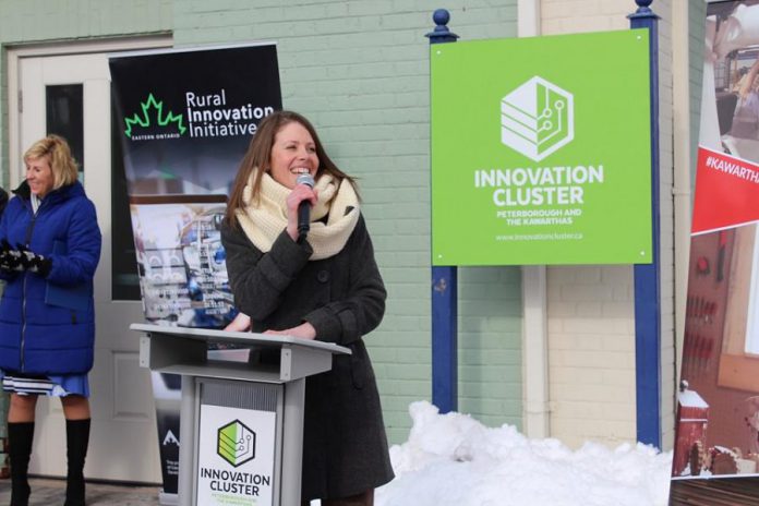 Rebecca Mustard, manager of Economic Development at City of Kawartha Lakes, makes remarks at the official launch of the new Kawartha Lakes business incubator at 180 Kent Street West in downtown Lindsay on February 11, 2020. (Photo courtesy of Innovation Cluster)