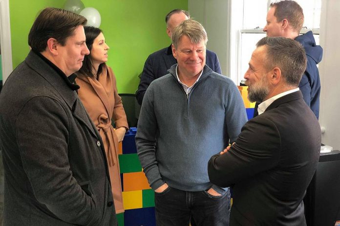 Former Innovation Cluster president and CEO Michael Skinner, current president and CEO John Gillis, and board chair John Desbien at the launch of the Kawartha Lakes business incubator in Kawartha Lakes at 180 Kent Street West in downtown Lindsay on February 11, 2020. In March 2019, Skinner proposed a partnership between the Innovation Cluster and the City of Kawartha Lakes to more directly support entrepreneurs working in the municiaplity, which was subsequently supported by Kawartha Lakes city council. (Photo courtesy of Innovation Cluster)