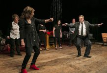 Linda Kash and Patrick McKenna perform an audience-selected improv scene as Deborah Kimmett, Meg Murphy, and Paul Constable look on during klusterfork entertainment's debut sold-out comedy show at Market Hall Performing Arts Centre in downtown Peterborough on November 22, 2019. klusterfork returns to the Market Hall on February 21, 2020 with "klusterfork It's Winter! Still." featuring Second City alumni Geri Hall from "This Hour Has 22 Minutes", Lisa Merchant, Ed Sahely, and Linda Kash and local performers Pat Maitland, Meg Murphy, and Andrew Root with special musical guest Dan Fewings. (Photo: Marlon Hazelwood / Hazelwood Images)