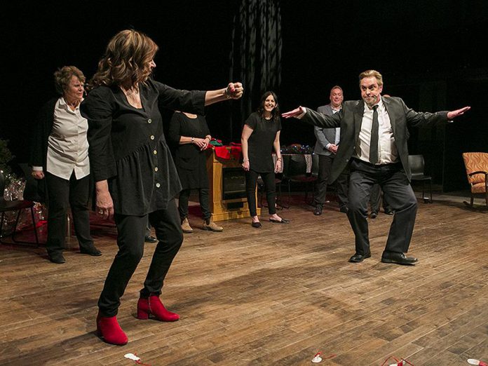 Linda Kash and Patrick McKenna perform an audience-selected improv scene as Deborah Kimmett, Meg Murphy, and Paul Constable look on during klusterfork entertainment's debut sold-out comedy show at Market Hall Performing Arts Centre in downtown Peterborough on November 22, 2019. klusterfork returns to the Market Hall on February 21, 2020 with "klusterfork It's Winter! Still." featuring Second City alumni Geri Hall from "This Hour Has 22 Minutes", Lisa Merchant, Ed Sahely, and Linda Kash and local performers Pat Maitland, Meg Murphy, and Andrew Root with special musical guest Dan Fewings. (Photo: Marlon Hazelwood / Hazelwood Images)