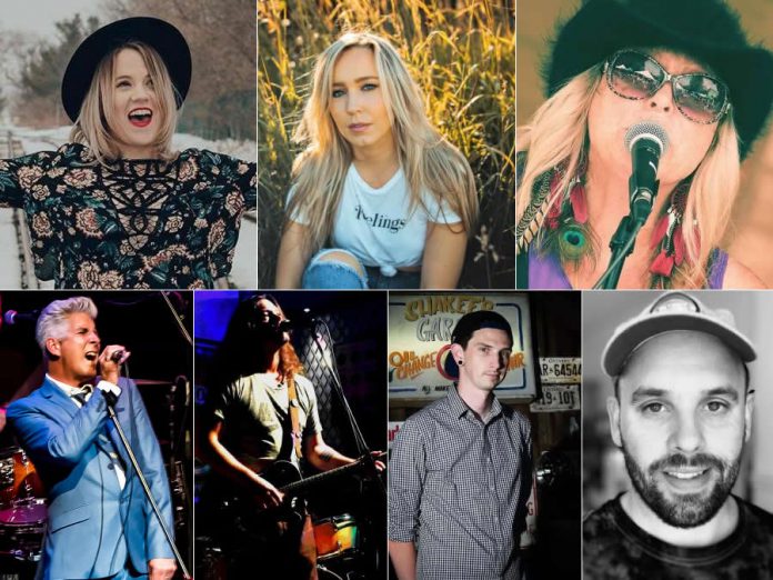 Acoustic performers in the lower-level Nexicom Studio during 'Peterborough Performs: Musicians Against Homelessness' on March 5, 2020 at Showplace Performance Centre are (left to right, top to bottom):  Hillary Dumoulin, Elyse Saunders, Tami J. Wilde, Michael Bell, Jacques Graveline, James Higgins, and Nick Ferrio. Also performing (not pictured) are Phil Stephenson and Victoria Pearce with Mike Graham. Jake Dudas (not pictured) will be performing in Showplace's street-level lobby.