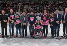 The puck drop at the 11th annual Pink in the Rink at the Peterborough Memorial Centre on February 1, 2020. The game, which saw the Petes defeat the Oshawa Generals in front of a sold-out crowd, raised $88,300 for women's cancer research. (Photo: Jessica Van Staalduinen / Peterborough Petes)