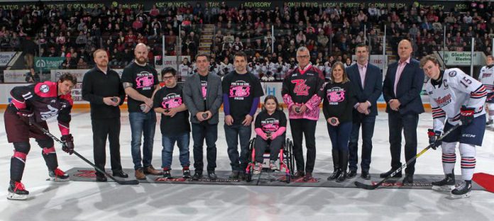 The puck drop at the 11th annual Pink in the Rink at the Peterborough Memorial Centre on February 1, 2020. The game, which saw the Petes defeat the Oshawa Generals in front of a sold-out crowd, raised $88,300 for women's cancer research. (Photo: Jessica Van Staalduinen / Peterborough Petes)