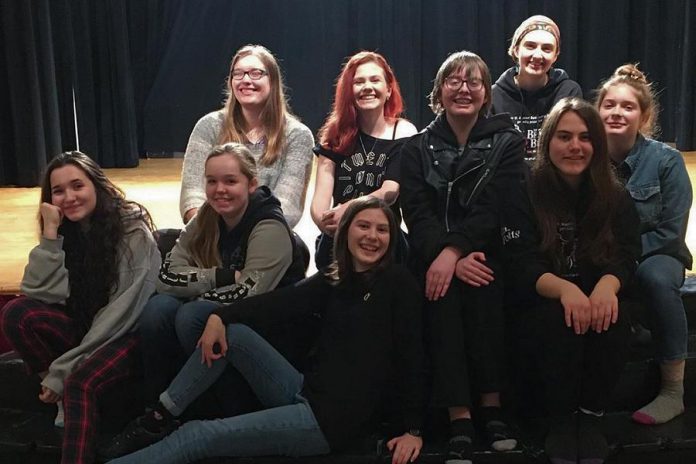 The cast of Enter Stage Right's production of Amanda Murray Cutalo's one-act comedy "Typecast". Front, left to right: Meagan Hewie, Eden Farris, Annika Goeckel, Julian Pawchuk, and Lena Ross. Back, left to right: Jenny Berry, Alexis Mantler, Taite Cullen, and Aisling MacQuarrie. (Photo courtesy of Greg Nugent)