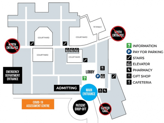 This map identifies the entrances that are currently available to the public at Peterborough Regional Health Centre. (Graphic: PRHC)