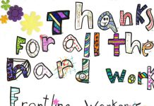 The Art Gallery of Peterborough is sharing pictures of artwork created by local children on the theme of "Our Heroes!", including this drawing by seven-year-old Grace thanking frontline workers for all their hard work. (Photo via Art Gallery of Peterborough)