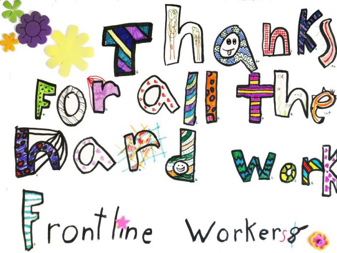 The Art Gallery of Peterborough is sharing pictures of artwork created by local children on the theme of "Our Heroes!", including this drawing by seven-year-old Grace thanking frontline workers for all their hard work. (Photo via Art Gallery of Peterborough)