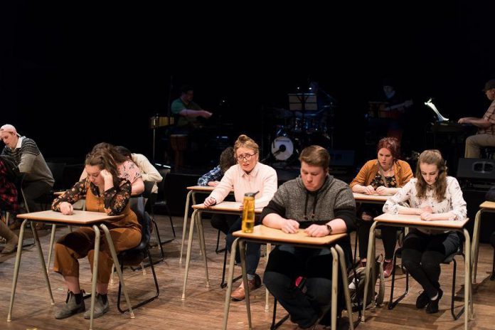 In "The Theory of Relativity", 15 college students are writing a physics exam when a question launches them into each performing a vignette about  a person or an event that has made an impact in their life. The musical song cycle runs for six performances from March 13 to March 26, 2020 at Market Hall Performing Arts Centre in downtown Peterborough. (Photo: Alyssa Cymbalista)