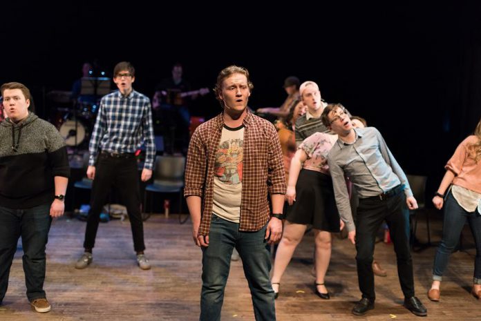 The cast of "The Theory of Relativity", including Edward Sweeney (foreground), during a dress rehearsal of the musical song cycle "The Theory of Relativity", which runs for six performances from March 13 to March 26, 2020 at Market Hall Performing Arts Centre in downtown Peterborough. (Photo: Alyssa Cymbalista)