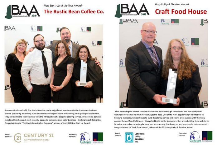 At the Northumberland Central Chamber of Commerce and the Town of Cobourg's 2019 Business Achievement Awards gala on March 6, 2020, The Rustic Bean Coffee Co. won the New Start-Up of the Year Award and Craft Food House won the Hospitality & Tourism Award. (Graphics: Northumberland Central Chamber of Commerce / Facebook, Photos: Fred Gouveia / snapd Northumberland West)