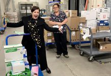 Kyla Gutsche (left), owner and operator of Cosmetic Transformations in Peterborough, with some of the medical supplies her company has donated for front-line health care workers at Peterborough Regional Health Centre. A renowned cosmetic and medical micropigmentation company that can enhance or restore features people have lost due to illness, trauma, surgery or the aging process, Cosmetic Transformation uses these supplies while delivering its services but the company has been forced to shut down due to the COVID-19 pandemic. (Photo courtesy of Kyla Gutsche)