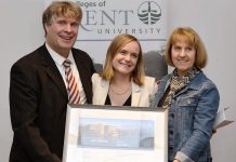 Jenna Pilgrim (centre), co-founder and CEO of blockchain start-up Streambed Media, receives the Young Alumni Leader Award from Trent University's Traill College principal Michael Eamon and Trent alumni engagement and services coordinator Sue Robinson in February 2020. Streambed Media was also mentioned in a recent Forbes story about the impact of blockchain technology on the media and entertainment industry. (Photo: Trent University)