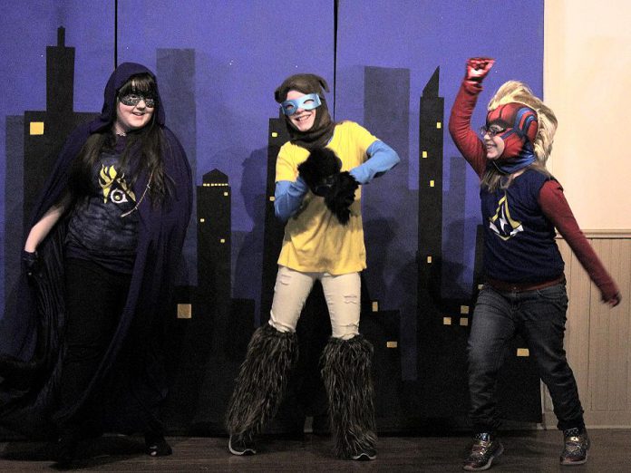 Three of the 24 young performers during a dress rehearsal of Funfolk Theatricals' production of "Calling All Sidekicks!", written and directed by Cavan children's author Shan McFadden. The fun and affordable family play runs for four performances from March 15 to 17, 2020 at the Millbrook Legion. (Photo: Siobhan MacQuarrie)