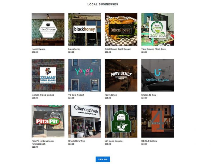A screenshot of supportdowntownptbo.ca, a new website launched by the Peterborough Downtown Business Improvement Area (DBIA), where people can buy gift cards and certificates from 59 downtown Peterborough businesses, helping them with their immediate cash flow needs during the economic crisis caused by the pandemic. 