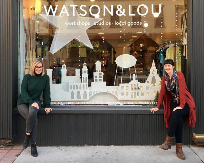 Watson & Lou owners Erin Watson and Anna Eidt in front of their shop at 383 Water Street in downtown Peterborough. In response to the COVID-19 pandemic, they have decided to temporarily close their bricks-and-mortar shop and are donting five per cent of online sales this week to independent arts organization The Theatre on King. (Photo: Watson & Lou)