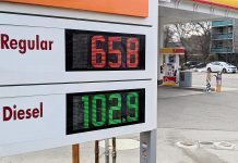 The price of gas at the Shell station at Hunter and Burnham streets in Peterborough's East City dropped from 73.5 to 65.8 cents per litre minutes before this photo was taken on March 25, 2020. THe last time gas prices were this low was in 2003, and the price could continue to drop. (Photo: Bruce Head / kawarthaNOW.com)