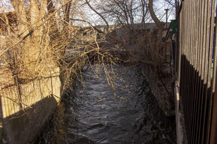 As Jackson Creek enters downtown Peterborough, the concrete tunnels and asphalt roads that frame the creek in downtown Peterborough do not provide the filtering benefits gained from natural shorelines and rain gardens.  (Photo: GreenUP)