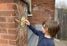 In times of physical distancing and staying at home, sharing public art with our community helps us all feel connected. Consider fun and low-impact public art, like chalk drawings on sidewalks or the exterior of your home, to share a little bit of joy in your neighbourhood. (Photo: GreenUP)