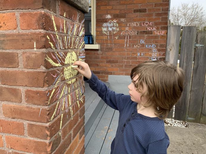 In times of physical distancing and staying at home, sharing public art with our community helps us all feel connected. Consider fun and low-impact public art, like chalk drawings on sidewalks or the exterior of your home, to share a little bit of joy in your neighbourhood. (Photo: GreenUP)