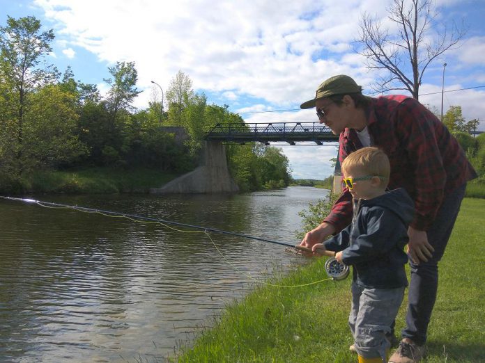 GreenUP's Matthew Walmsley enjoys some quality family time as he teaches his son how to fly fish along the Trent-Severn Waterway in Peterborough. By practising sustainable recreational fishing, children and adults alike can enjoy physical and psychological health benefits of spending time in the natural environment. (Photo courtesy of Matthew Walmsley)
