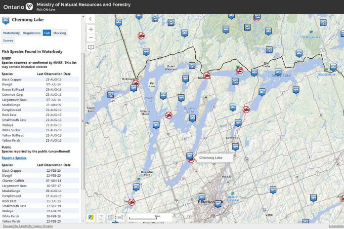 Fish ON-Line is a mobile-friendly website with maps and information on fishing in Ontario. Pictured is information about Chemong Lake. (Screenshot)