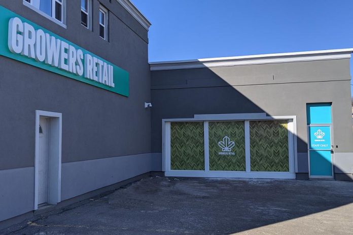 There is limited customer parking available in the lot beside the Growers Retail cannabis store  at 225 George Street North in downtown Peterborough. The store is located right across the street from the No Frills grocery store. (Photo: Bruce Head / kawarthaNOW)