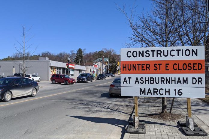 A construction notice on Hunter Street East looking east to Rogers Street in Peterborough's East City. Hunter Street East will be temporarily closed between Ashburnham Drive and Museum Drive on March 16, 2020, so there will be no access to Ashburnham Drive or Hunter Street East from the Peterborough Lift Lock tunnel. (Photo: Bruce Head / kawarthaNOW)