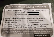 This flyer distributed by the Hurlington family in Peterborough's Marsdale neighbourhood offers assistance to self-isolating neighbours. We have redacted the street name and phone number as the family's offer is only for their immediate neighbours. (Photo courtesy of Moray Martin)