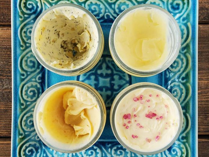 Lofty Butter Company will offer specialty flavours on rotation. Pictured here, clockwise from top left: garlic and herb, unsalted, red wine sea salt, and maple sugar. (Photo: Lofty Butter Company)