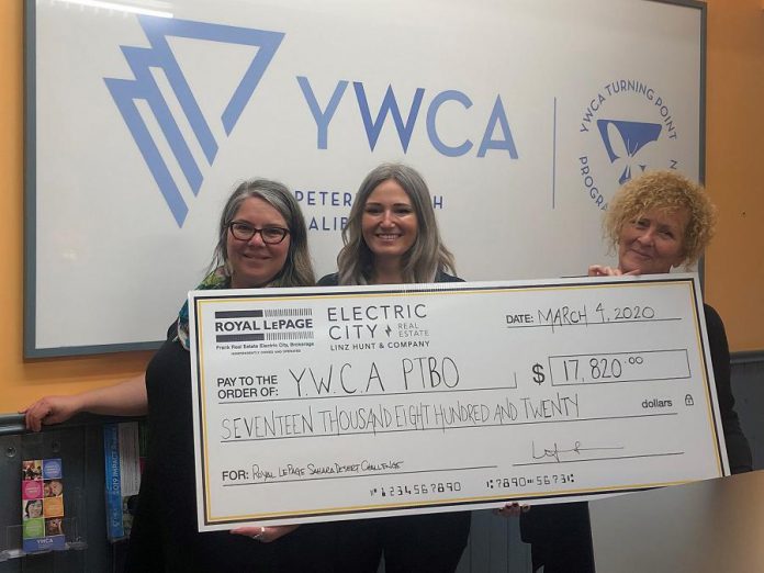 Peterborough realtor Linz Hunt met with representatives of YWCA Peterborough Haliburton on March 4, 2020 to present a cheque for $17,820 in support of YWCA Crossroads Shelter. The funds were raised as part of Royal LePage Shelter Foundation's 2019 Sahara Desert Challenge for Shelter. (Supplied photo)