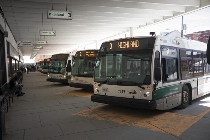 In an effort to support social distancing and slow the spread of COVID-19, riders will not be required to pay or show fare media to board a Peterborough Transit bus. The customer waiting and restrooms at the Simcoe Street Bus Terminal are closed to the public. (Photo: Peterborough Transit)