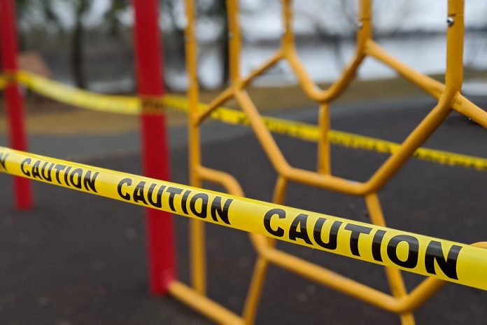 All playground equipment in municipal parks in the City of Peterborough and the City of Kawartha Lakes, such as this playground at Roger's Cove Park in Peterborough's East City, is closed effective March 27, 2020 because of the COVID-19 pandemic. (Photo: Bruce Head / kawarthaNOW.com)