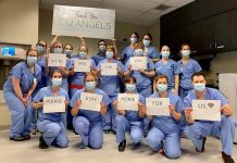 Front-line healthcare workers in the intensive care unit (ICU) at Peterborough Regional Health Centre have a message for all of us: "We're here for you. Please stay home for us." (Photo courtesy of The ICU Team at PRHC)