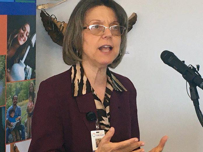 Medical Officer of Health Dr. Rosana Salvaterra discussing Peterborough's first positive case of COVID-19, a 30-year-old man who developed symptoms a week after returning from Spain and Portugal, during a media conference on March 16, 2020 at Peterborough Public Health. (Photo: Paul Rellinger / kawarthaNOW.com)