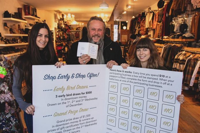 As executive director of the  Peterborough Downtown Business Improvement Area (DBIA), Terry Guiel is a champion of local independently owned businesses. Pictured here in late 2019 promoting the DBIA's Holiday Shopping Passport program, Guiel is one of five business leaders working together to help the local business community survive the fallout from COVID-19. (Photo: Peterborough DBIA)