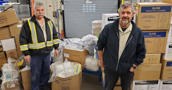 A large donation of personal protective equipment, clothing, sanitizer and soap, and disinfectant cleaners collected from multiple departments at Trent University was delivered to Peterborough Regional Health Centre on March 24, 2020. (Photo: Peterborough Regional Health Centre / Twitter)