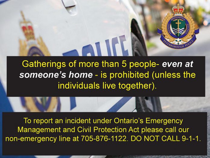 Under Ontario's Emergency Management and Civil Protection Act,  gatherings of five or more people are prohibited, even if these gatherings take place at someone's home (unless the people live together). (Graphic: Peterborough Police Service)