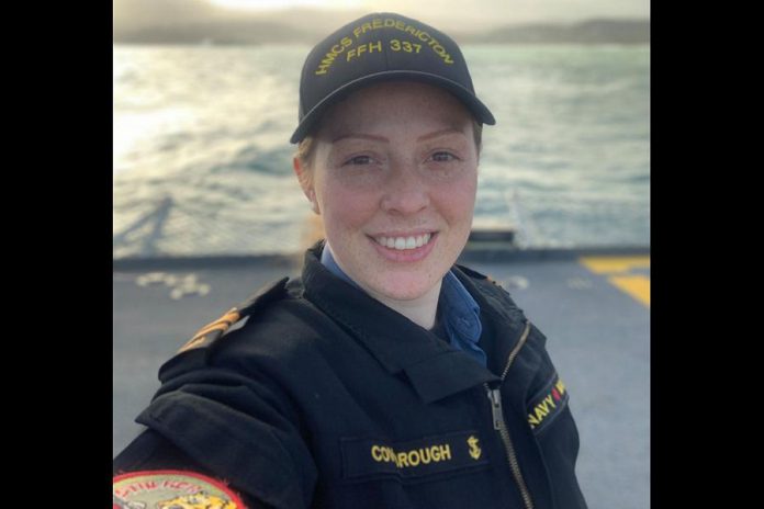 Sub-lieutenant Abbigail Cowbrough recently sent this photo of herself on the deck of HMCS Fredericton to her church in Dartmouth. The Nova Scotia woman is the first victim to be identified in the crash of a Canadian military helicopter in the Mediterranean Sea on April 29, 2020. (Photo: Abbigail Cowbrough via Regal Heights Baptist Church / Facebook)