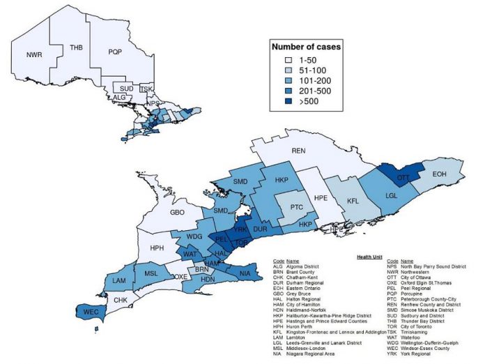 Confirmed cases of COVID-19 in Ontario by public health unit, January 15 - April 11, 2020. (Graphic: Public Health Ontario)