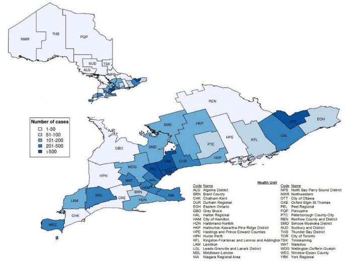 Confirmed cases of COVID-19 in Ontario by public health unit, January 15 - April 12, 2020. (Graphic: Public Health Ontario)