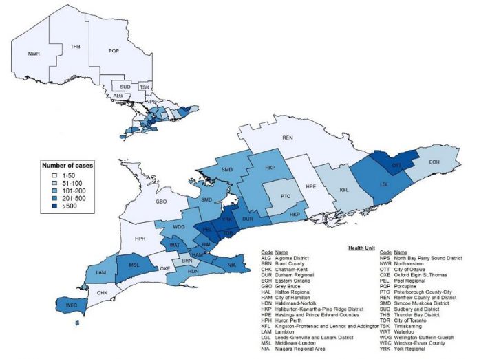 Confirmed cases of COVID-19 in Ontario by public health unit, January 15 - April 13, 2020. (Graphic: Public Health Ontario)