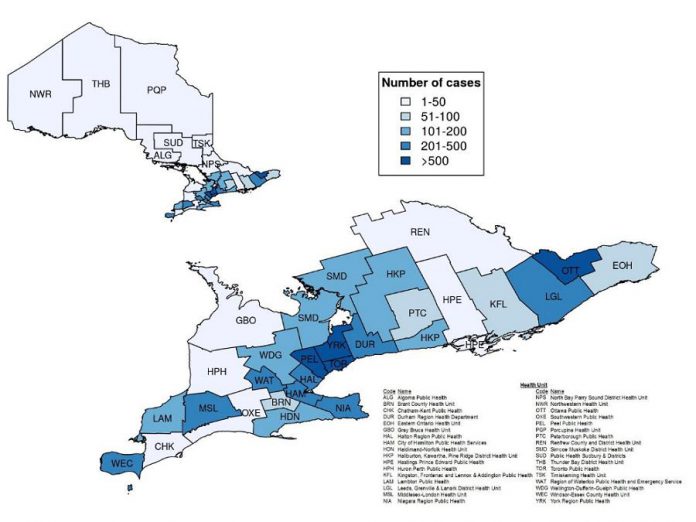 Confirmed cases of COVID-19 in Ontario by public health unit, January 15 - April 14, 2020. (Graphic: Public Health Ontario)