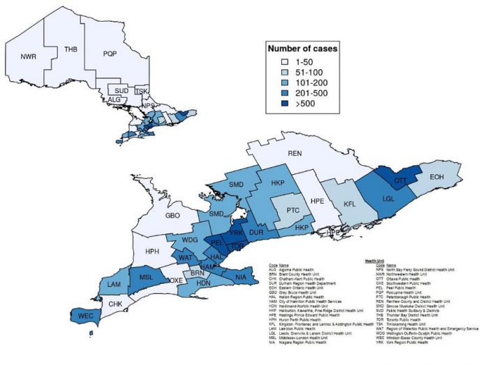 Confirmed cases of COVID-19 in Ontario by public health unit, January 15 - April 15, 2020. (Graphic: Public Health Ontario)