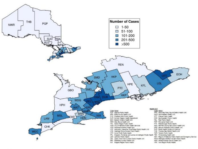 Confirmed cases of COVID-19 in Ontario by public health unit, January 15 - April 16, 2020. (Graphic: Public Health Ontario)